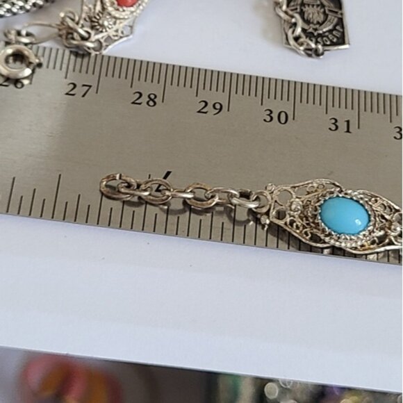 Vintage Antique Boho Sterling Silver Turquoise Cabochon Filigree Chain Bracelet - Picture 12 of 12